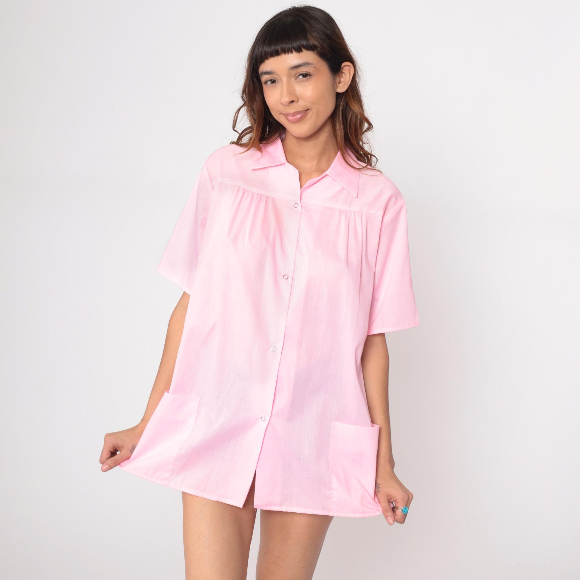 70s Kani of Kalifornia Pink Snap Front Tunic Blouse Large L