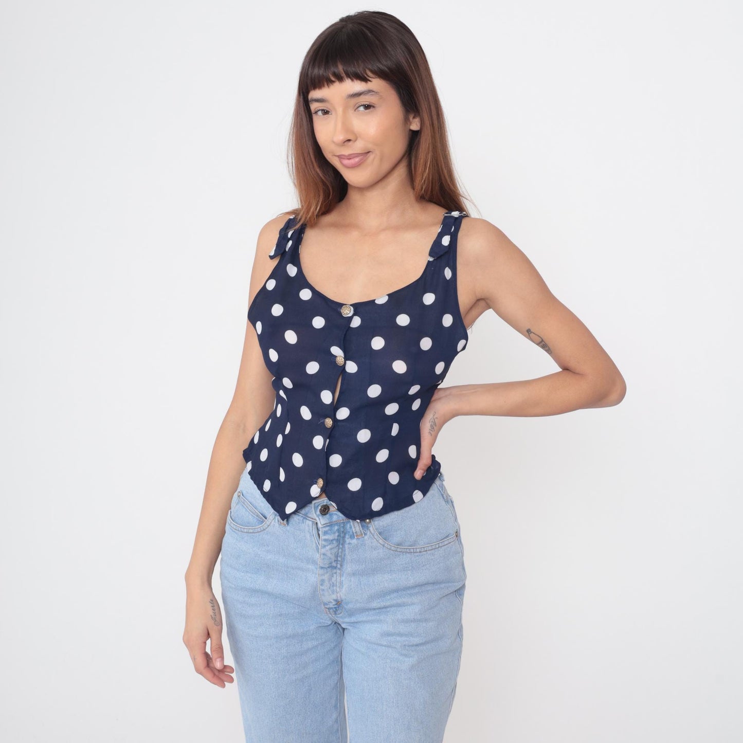 90s Navy Polka Dot Vest Top White Dots Button Front Cropped XS