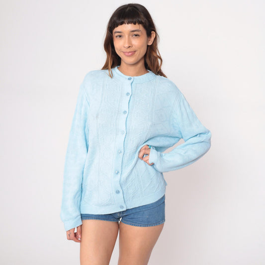 80s Pale Blue Cable Knit Cardigan Button Front Long Sleeve Large L