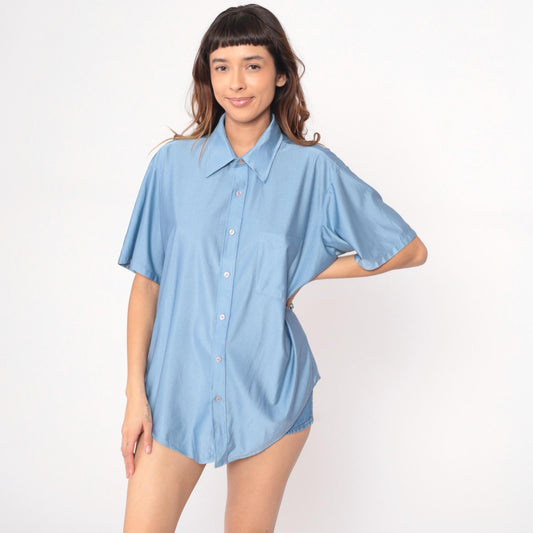 70s Van Heusen Light Blue Button-Front Shirt Short Sleeve Pointed Collar Extra Large