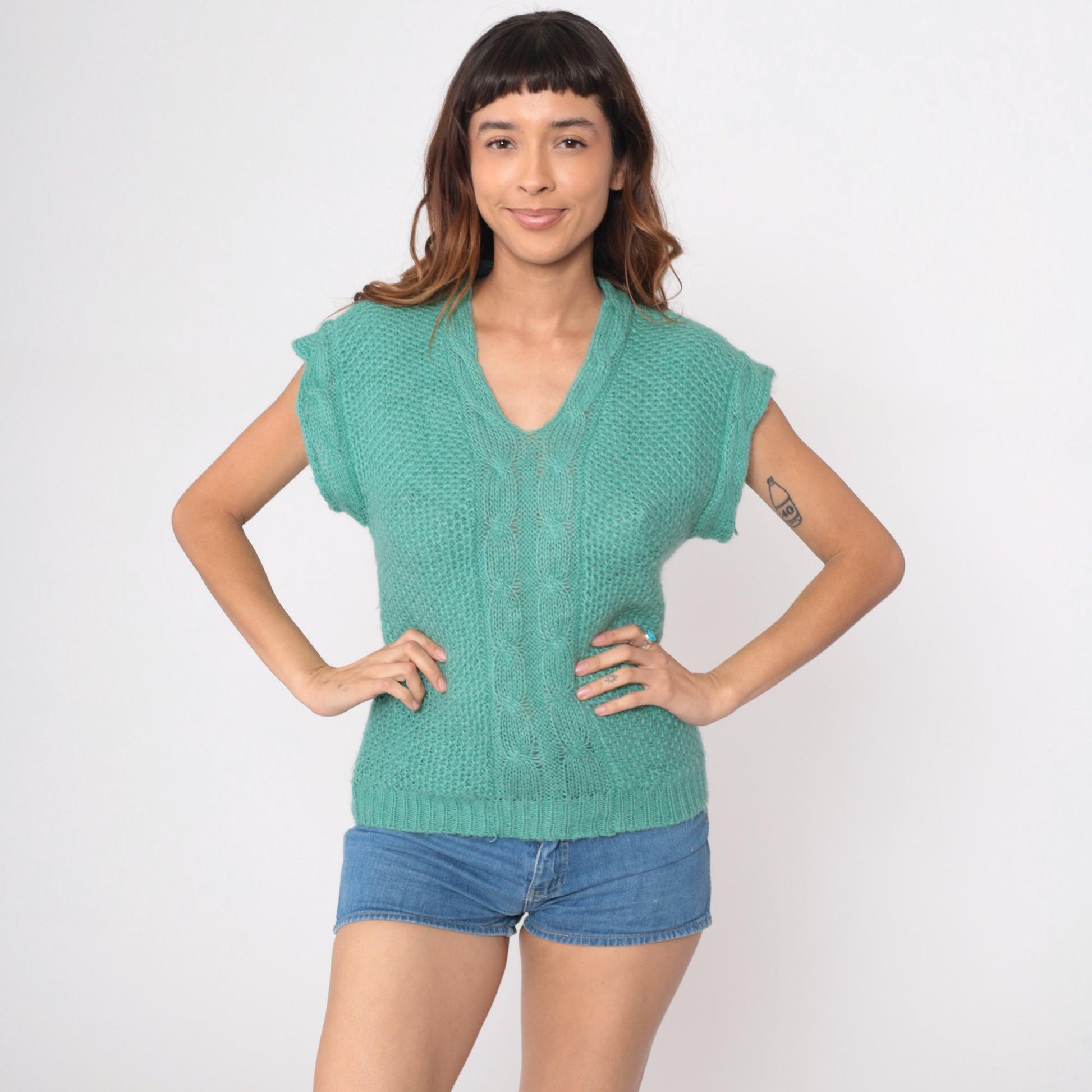 80s Lady Van Huesen Mint Green Cable Knit Sweater Vest V-Neck Small