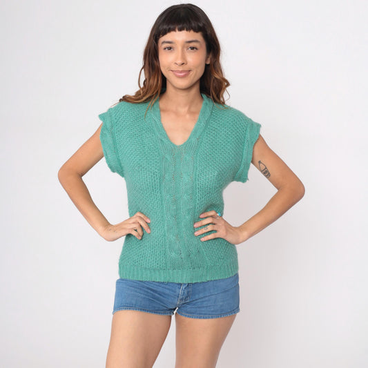 80s Lady Van Huesen Mint Green Cable Knit Sweater Vest V-Neck Small