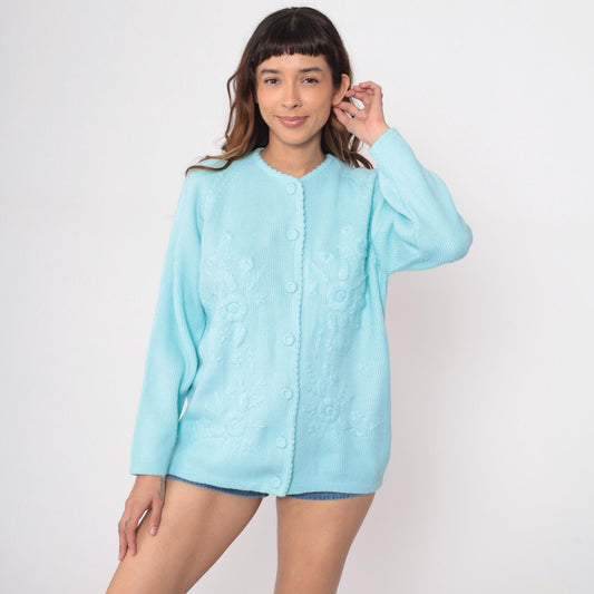 70s Pale Blue Cardigan Embroidered Floral Button Front Knit Medium