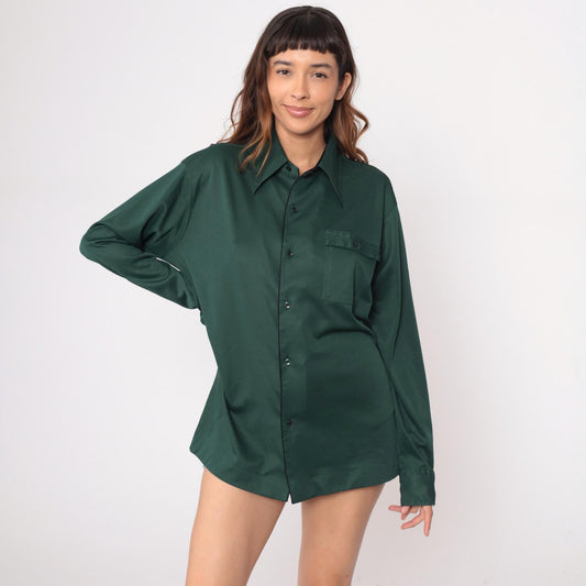 70s Forest Green Button-Front Shirt Long Sleeve Pointed Collar Polyester Large L