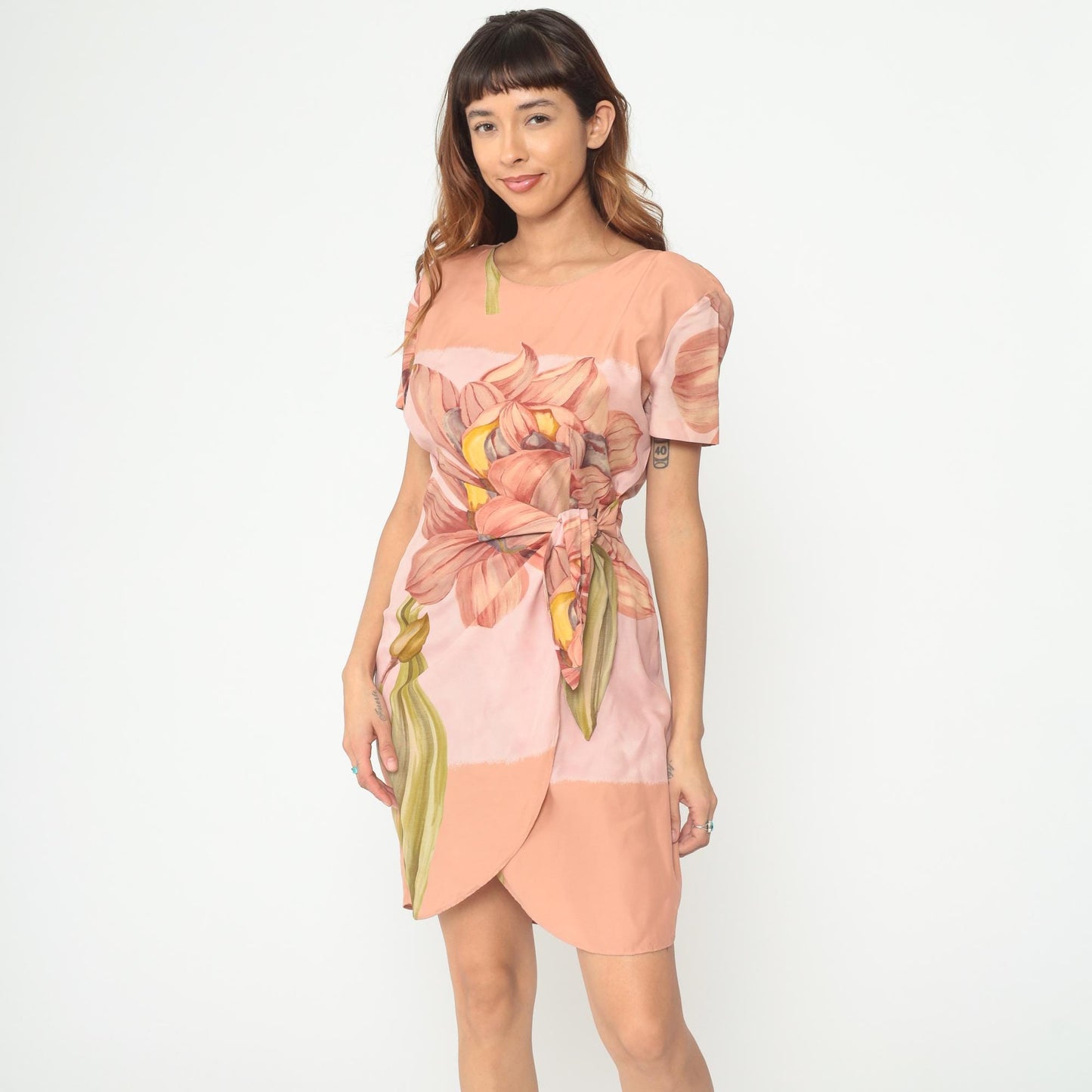 90s KC Spencer Floral Mini Dress Amaryllis Print Wrap Tie Waist Peach Medium