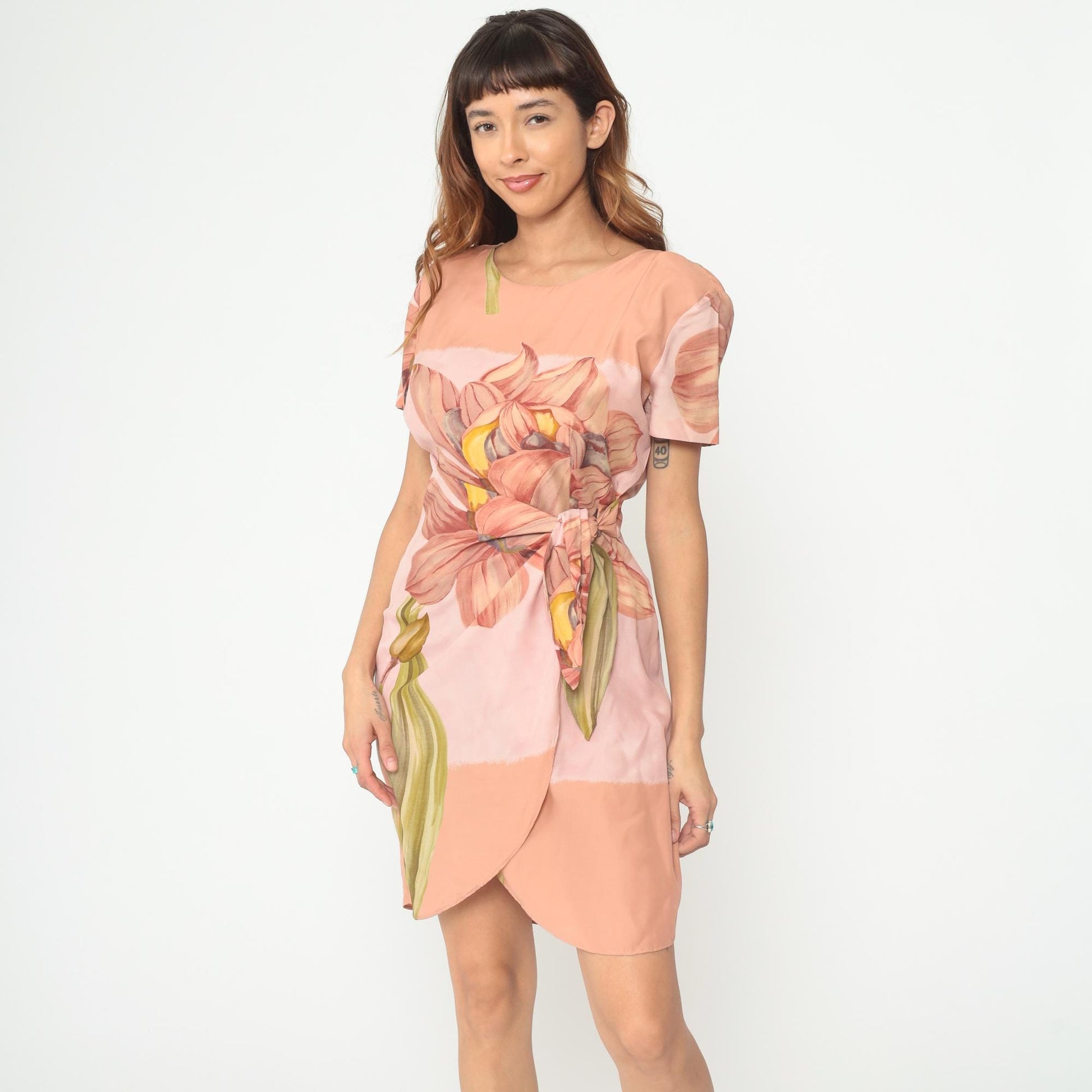 90s KC Spencer Floral Mini Dress Amaryllis Print Wrap Tie Waist Peach Medium