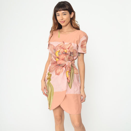 90s KC Spencer Floral Mini Dress Amaryllis Print Wrap Tie Waist Peach Medium