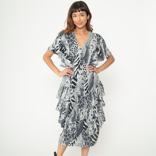 90s Animal Print Midi Dress Black White Leopard Zebra Button Front Flutter Sleeve Medium M
