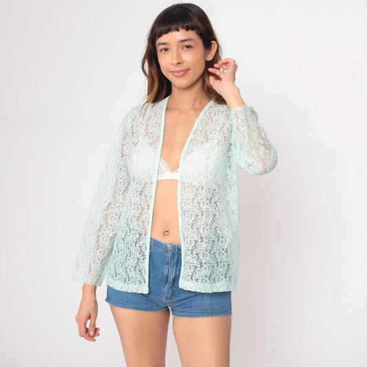 70s Montgomery Ward Mint Lace Cardigan Open Front Floral Small