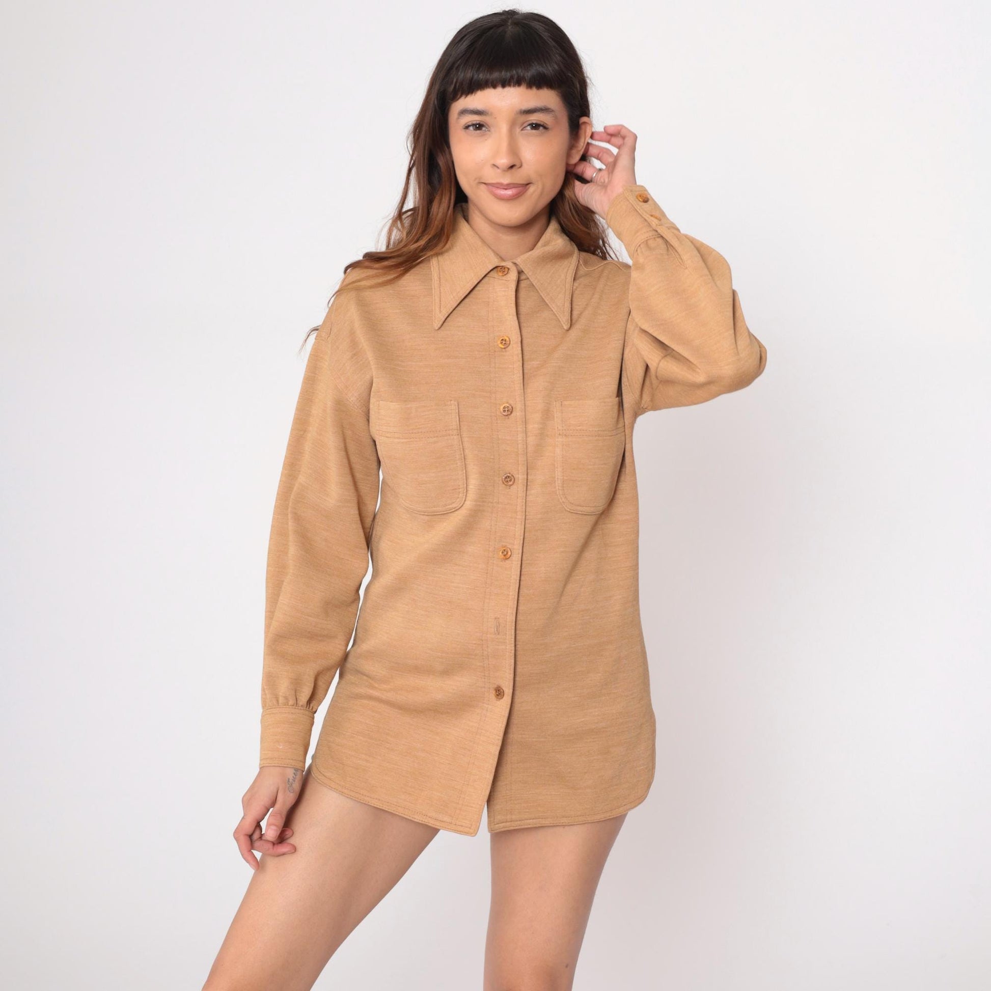 70s Act III Wool Shirt Tan Button Front Collared Tunic Large L