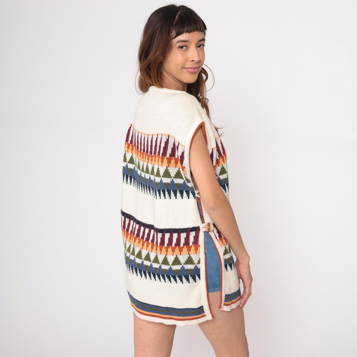 70s Herald Place Geometric Knit Vest Cream Burgundy Orange Blue Large