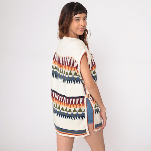70s Herald Place Geometric Knit Vest Cream Burgundy Orange Blue Large