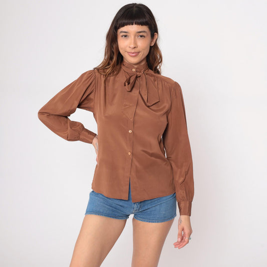 80s Brown Pussy Bow Blouse Long Sleeve Button Front Office Shirt Medium