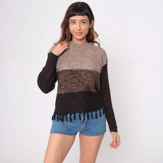 90s Color Block Striped Knit Sweater Brown Tan Fringe Hem Medium M