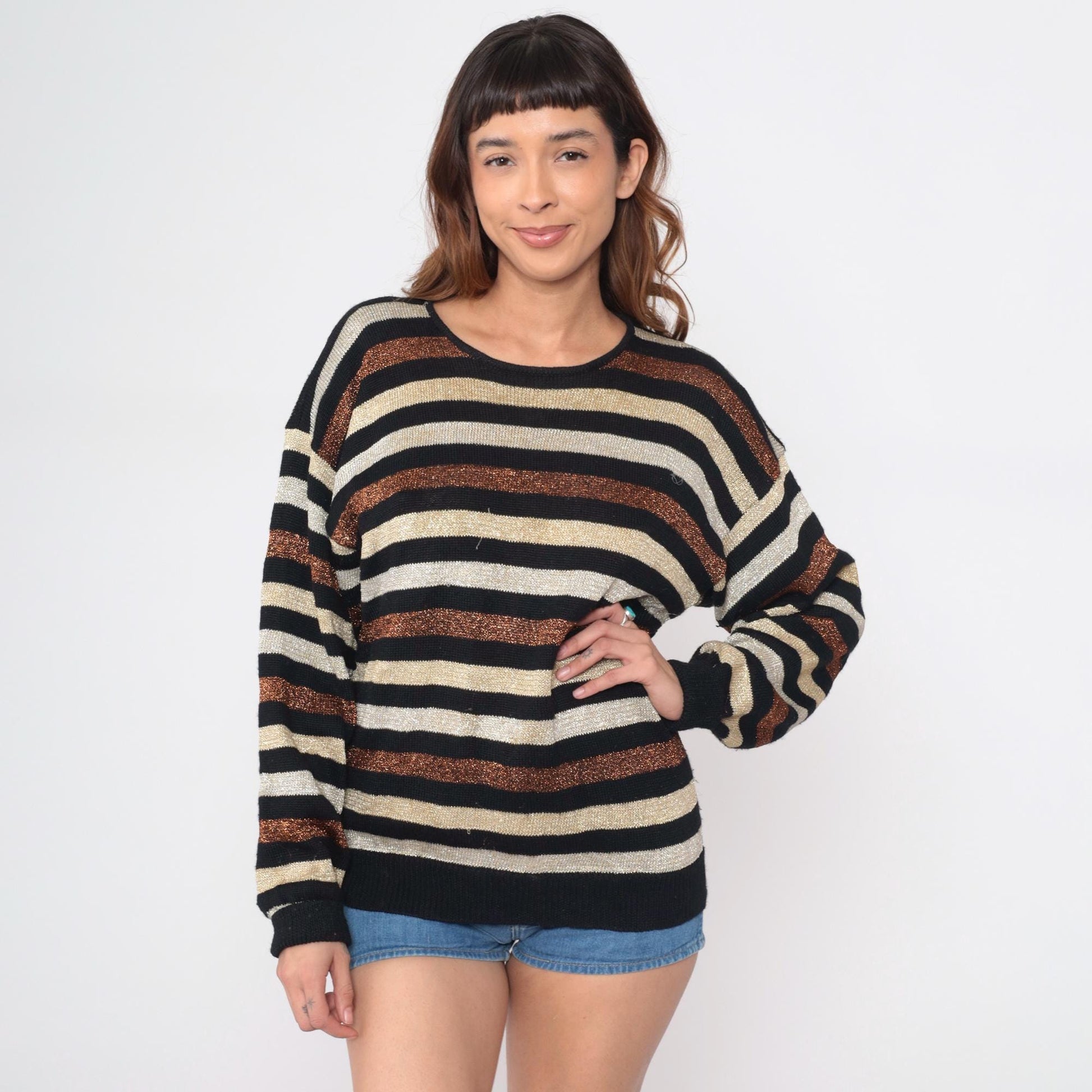 80s Casual Corner Metallic Striped Wool Sweater Black Cream Copper Medium