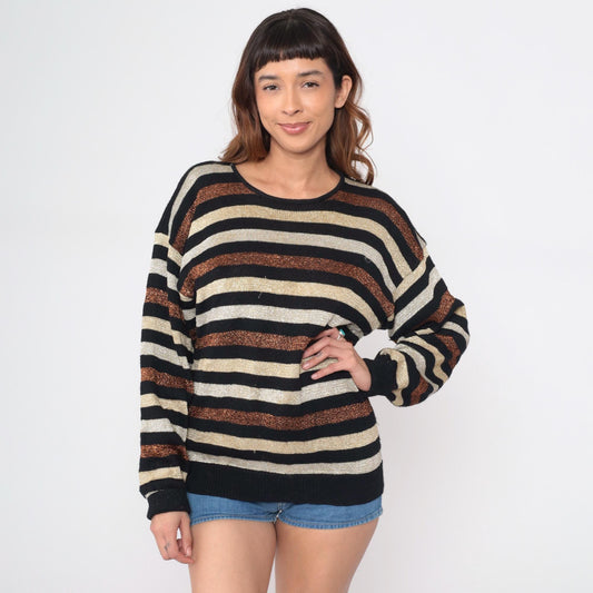 80s Casual Corner Metallic Striped Wool Sweater Black Cream Copper Medium