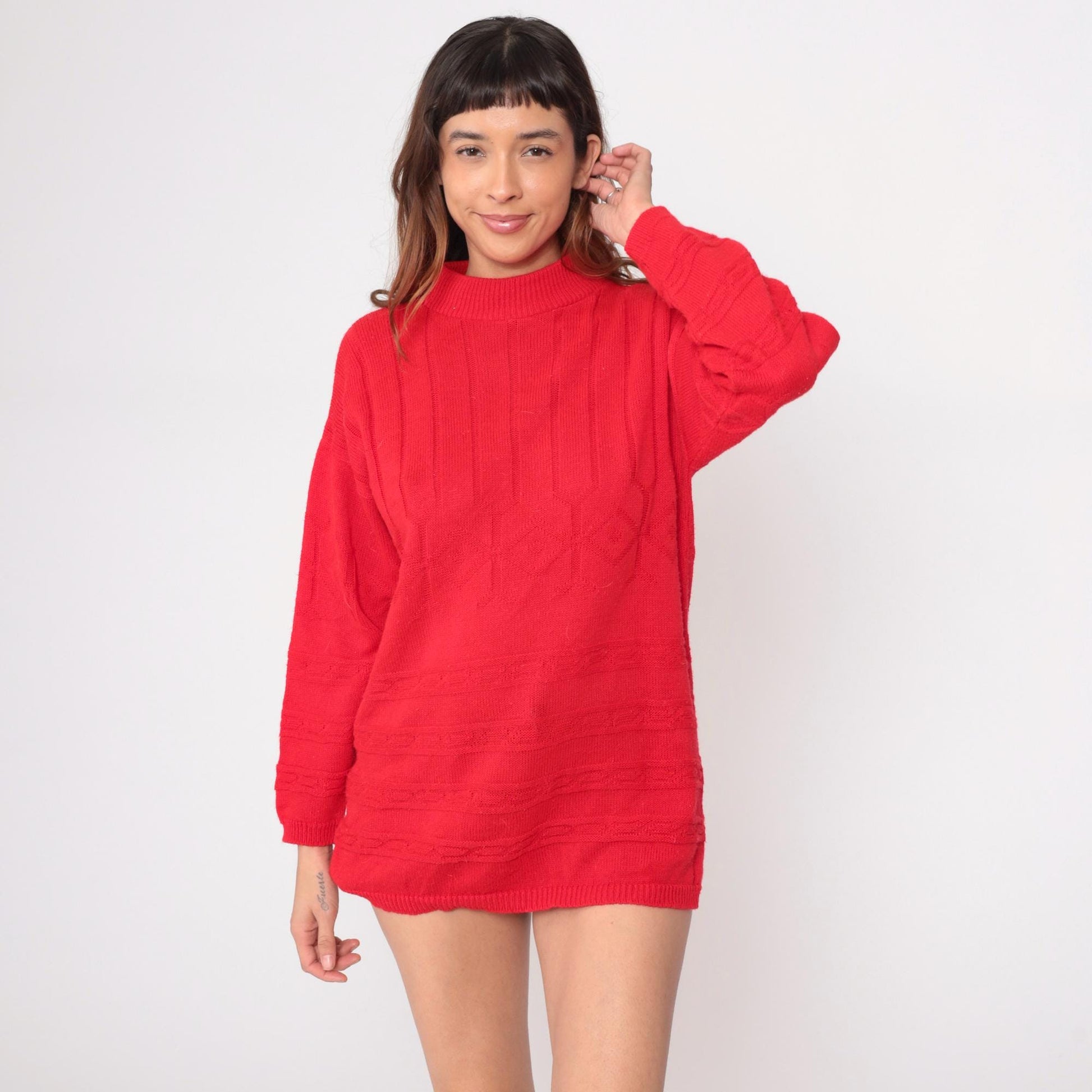 80s Mathias Coral Red Cable Knit Mock Neck Sweater Medium M