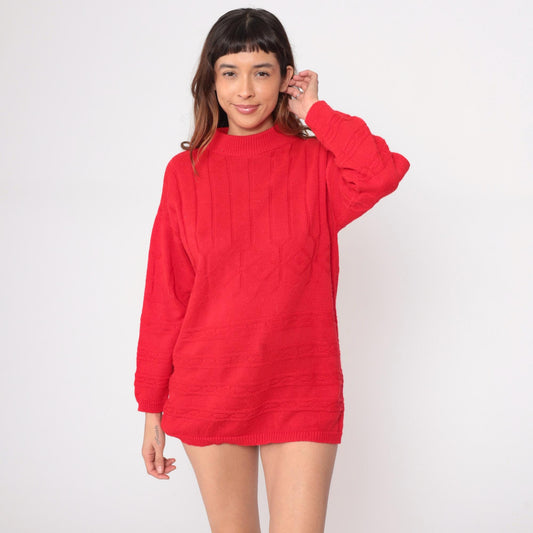 80s Mathias Coral Red Cable Knit Mock Neck Sweater Medium M