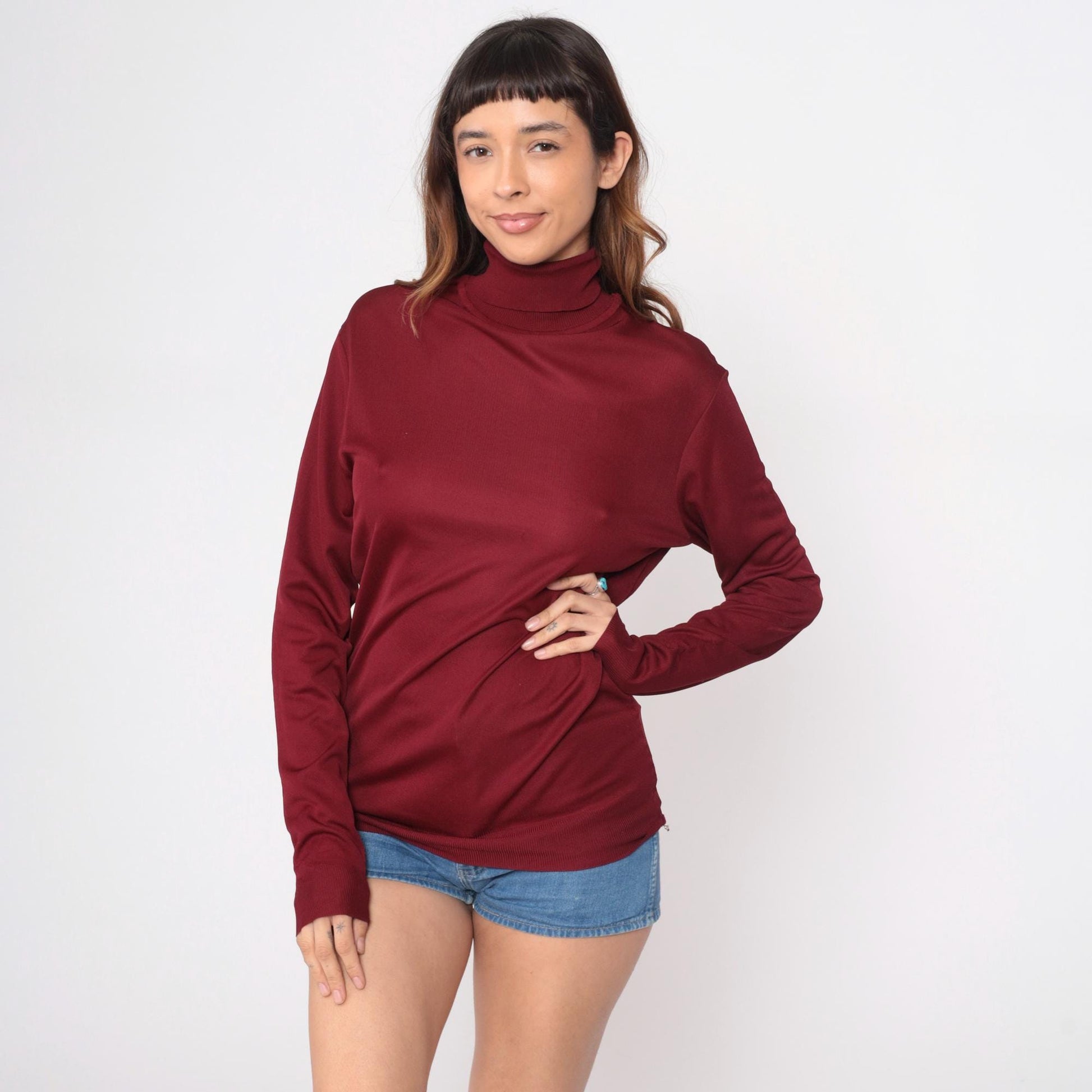 70s Burgundy Turtleneck Long Sleeve Ribbed Knit Pullover Extra Large