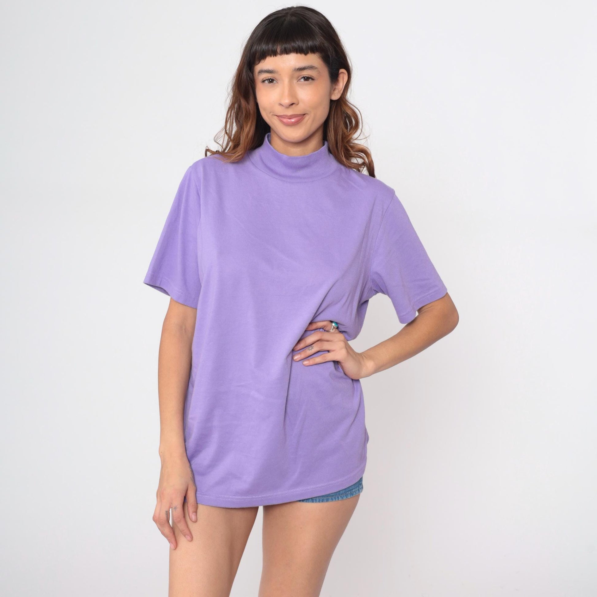 90s Roamans Lavender Mock Turtleneck Short Sleeve Cotton Top Large