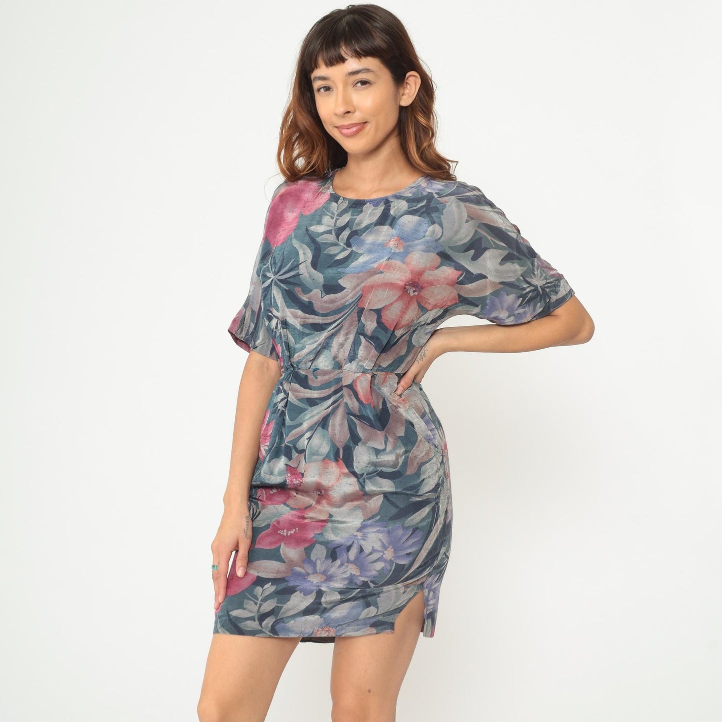 90s Watercolor Floral Mini Dress Teal Pink Rayon Flutter Sleeve Medium M