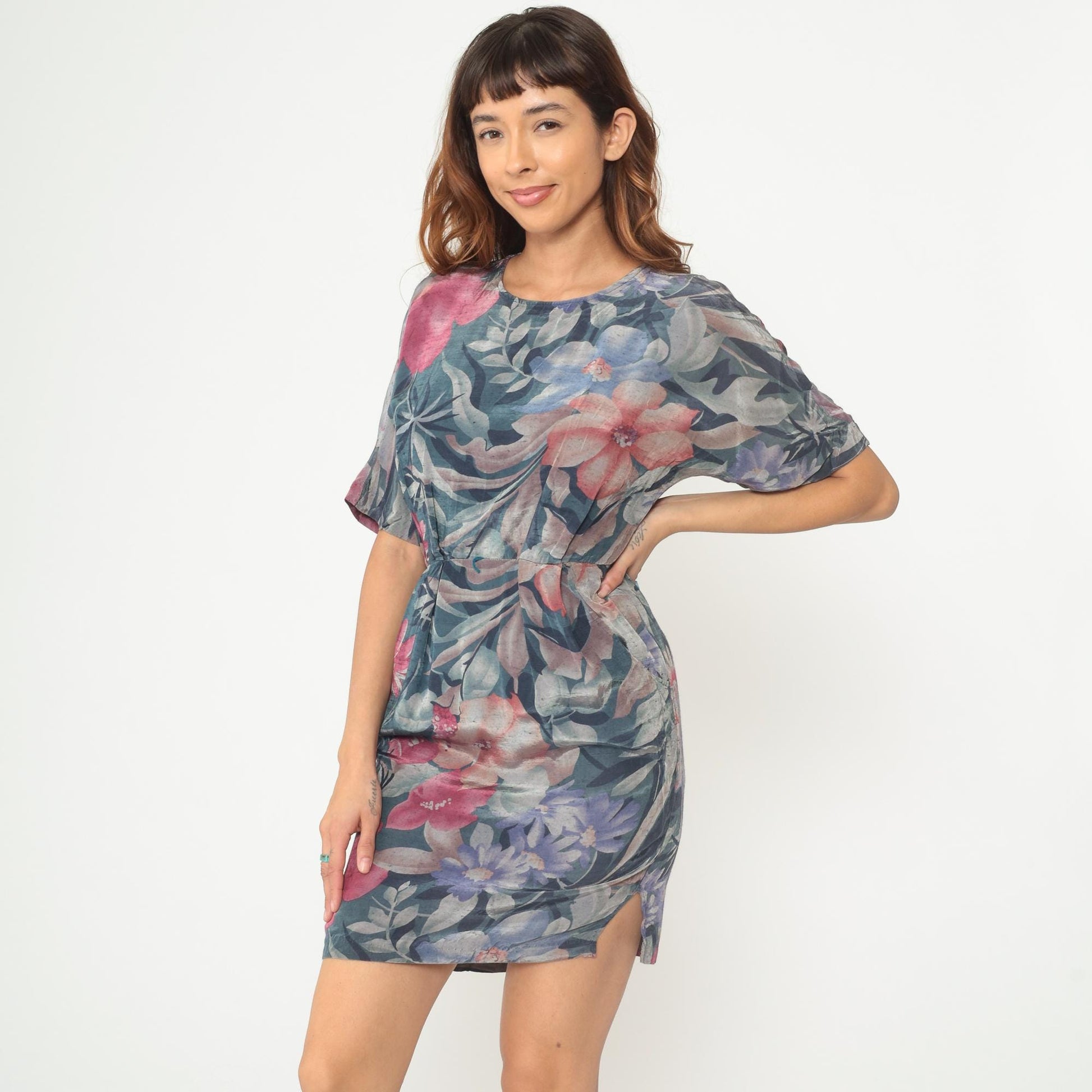 90s Watercolor Floral Mini Dress Teal Pink Rayon Flutter Sleeve Medium M