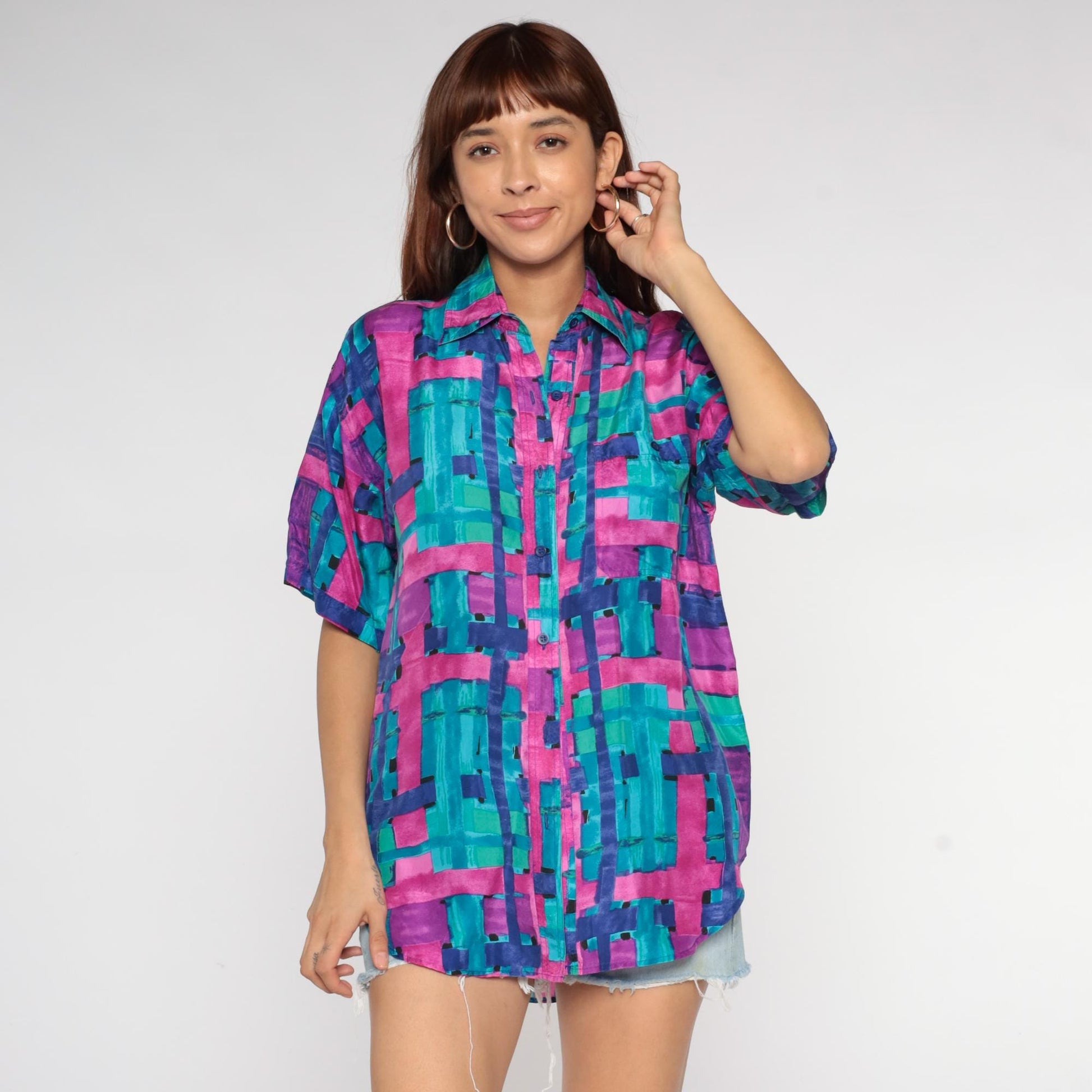 90s Silk Button Up Shirt Abstract Brushstroke Print Turquoise Pink Purple Small