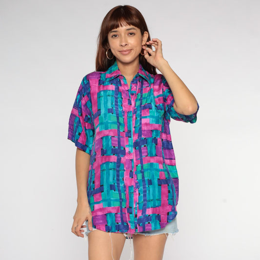 90s Silk Button Up Shirt Abstract Brushstroke Print Turquoise Pink Purple Small
