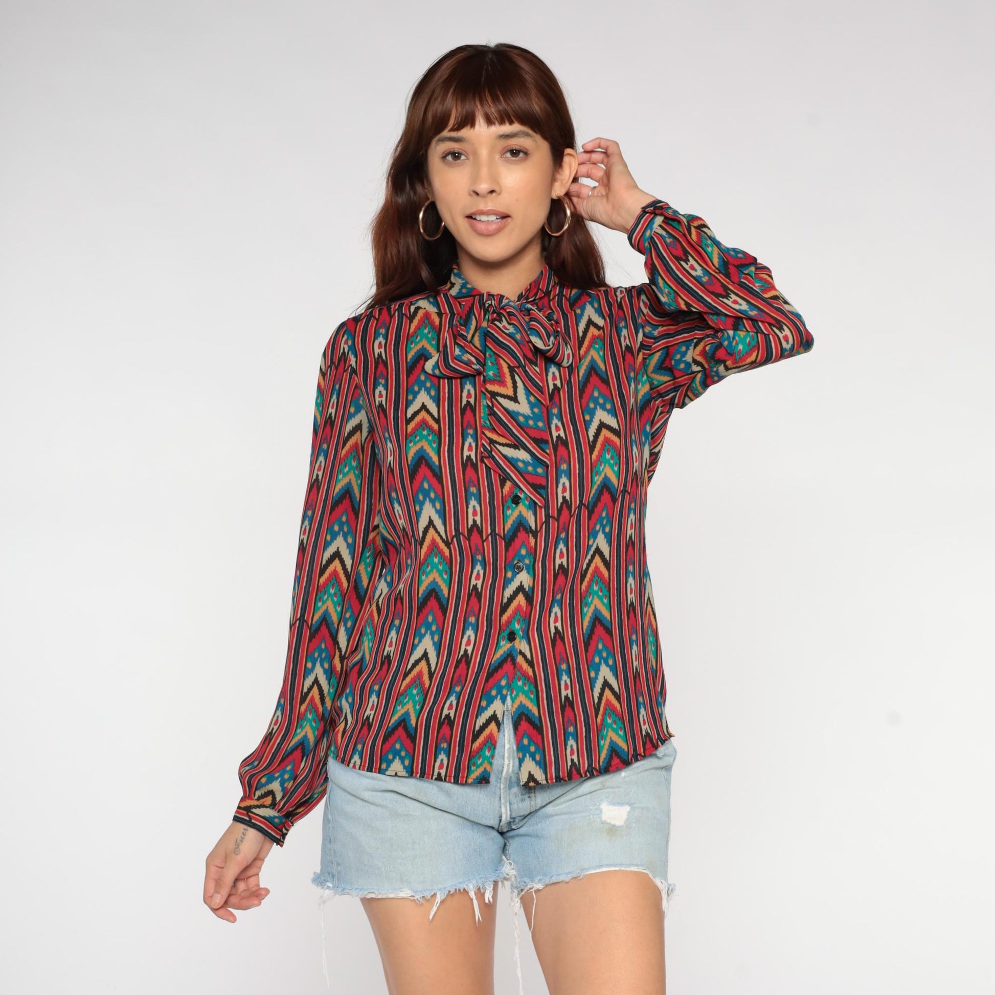 90s Regina Porter Geometric Chevron Blouse Neck Tie Multicolor Medium