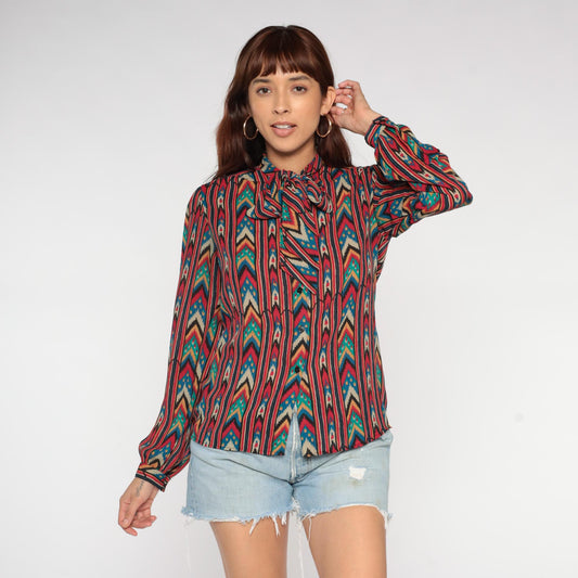 90s Regina Porter Geometric Chevron Blouse Neck Tie Multicolor Medium