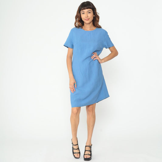 Y2K Blue Shift Dress Short Sleeve Crew Neck Midi Large L