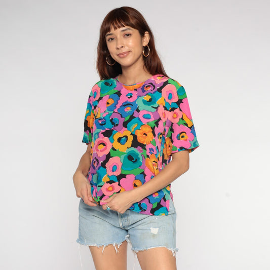 90s Spencer Jeremy Silk Blouse Abstract Floral Print Multicolor Medium M
