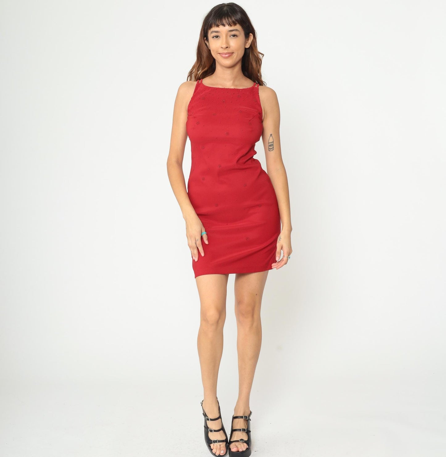 90s Red Mini Dress Beaded Bodycon Sleeveless Scoop Neck Small S