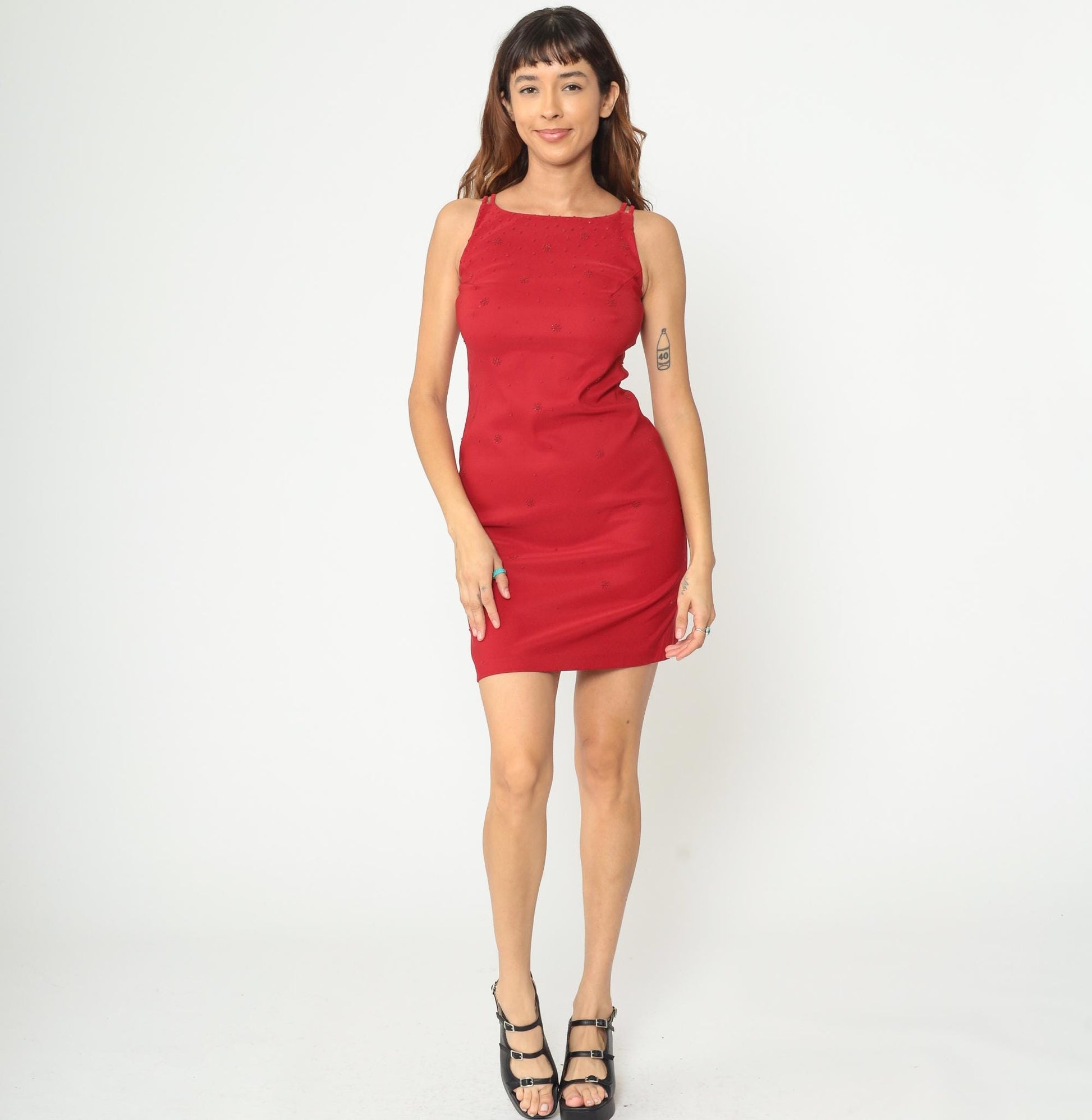 90s Red Mini Dress Beaded Bodycon Sleeveless Scoop Neck Small S