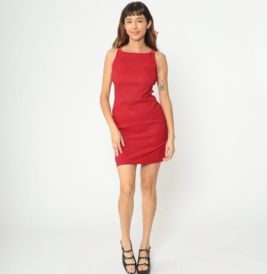 90s Red Mini Dress Beaded Bodycon Sleeveless Scoop Neck Small S
