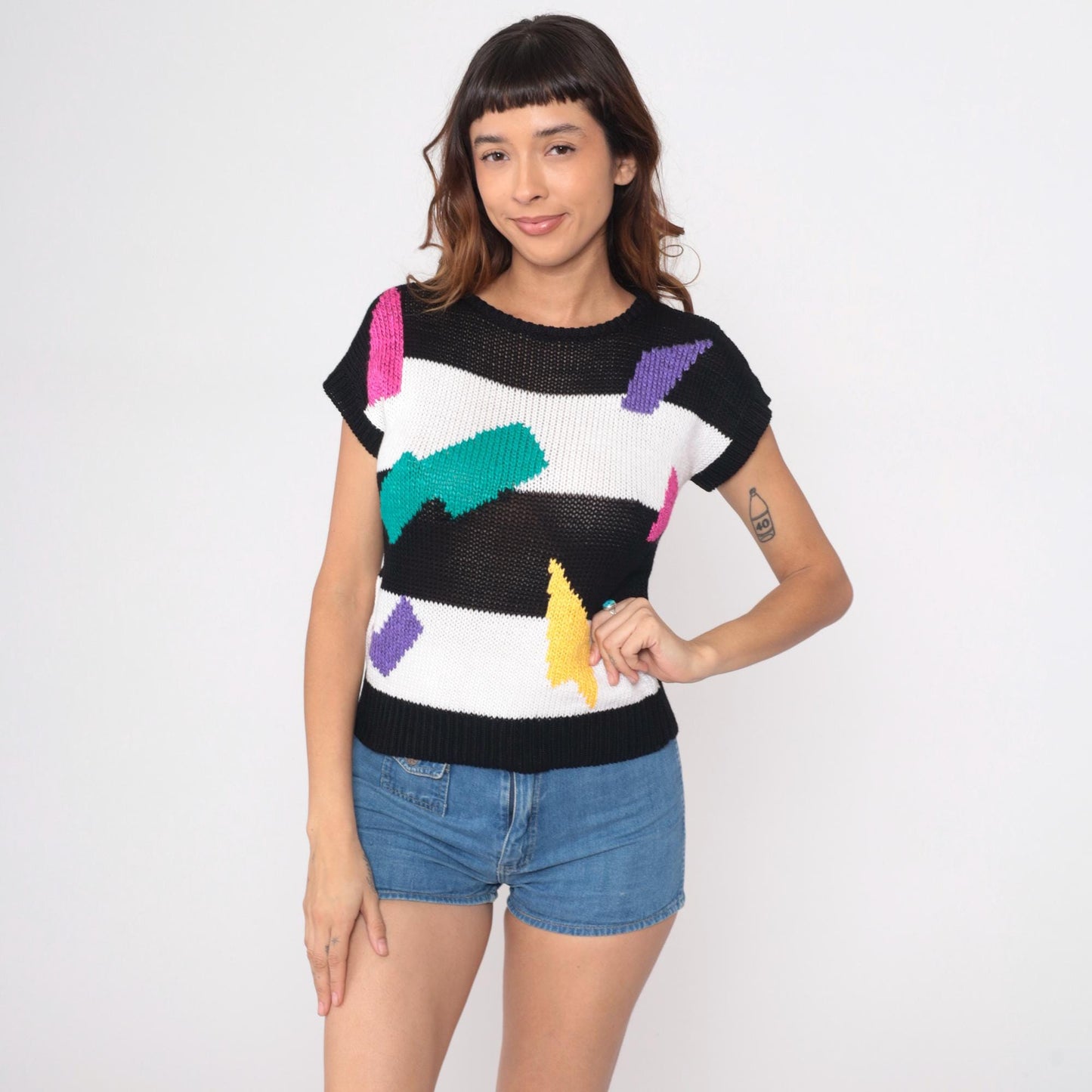 90s Campus Casuals Knit Top Black White Striped Crew Pullover Small S