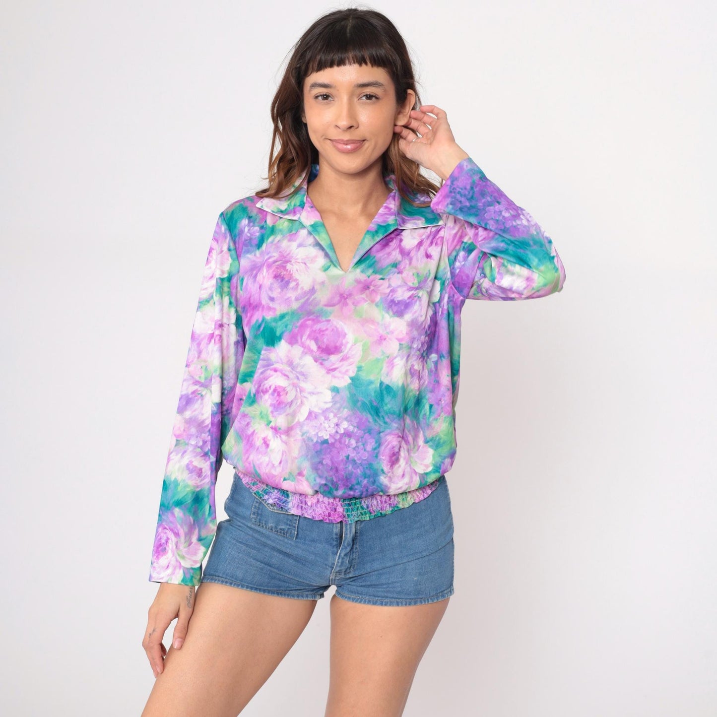 80s Anthony Richards Floral Blouse Purple Lavender Rose Print V-Neck Extra Large
