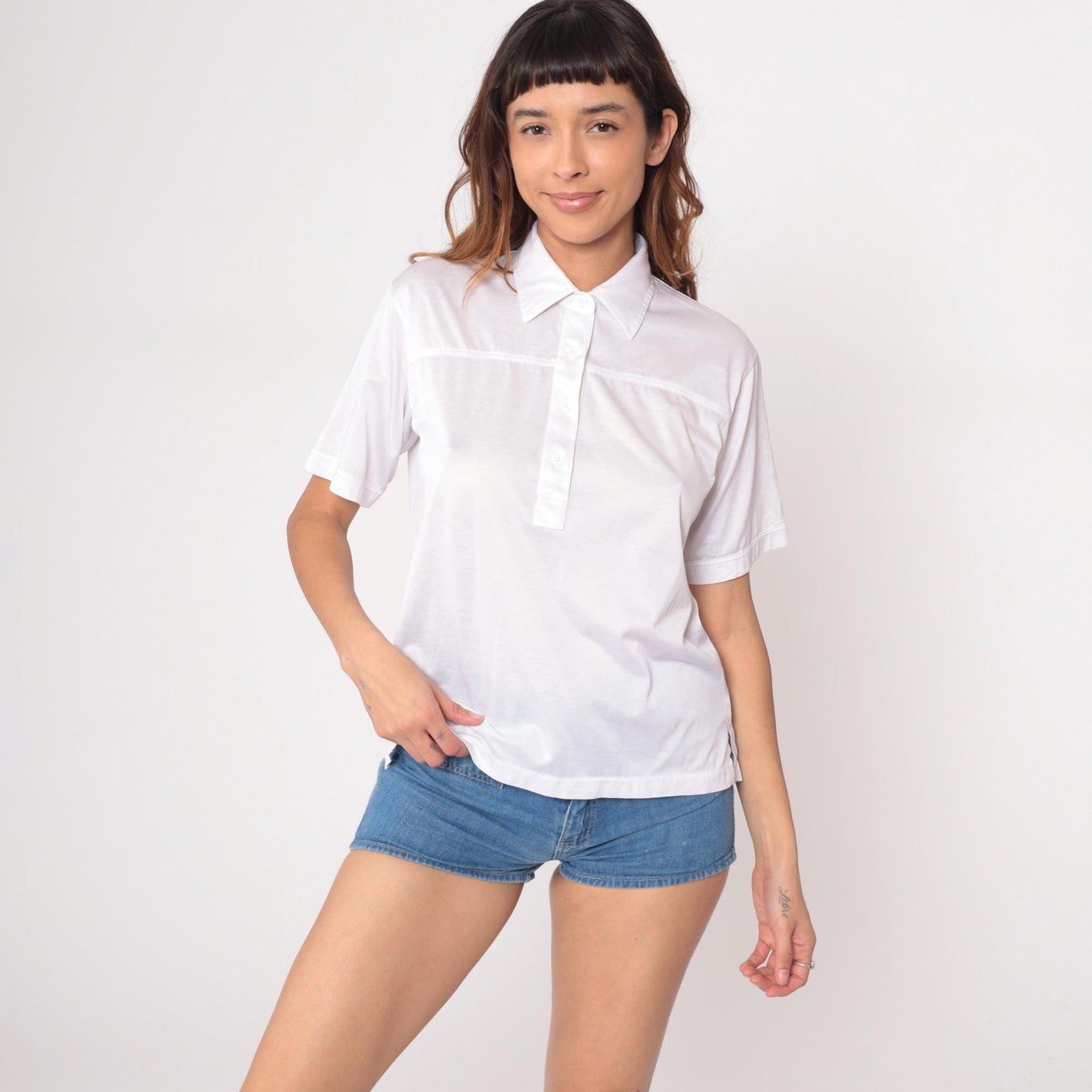 90s White Collared Polo Shirt Short Sleeve Chest Pocket Large L
