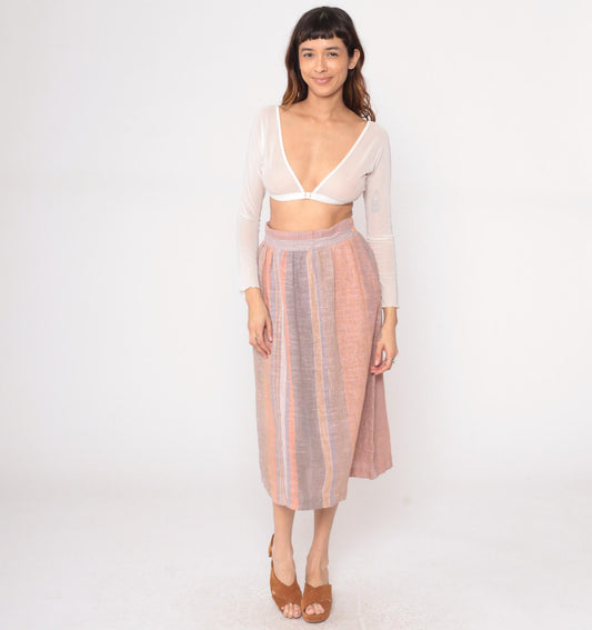 80s Striped Midi Skirt Peach Grey Cream Elastic Waist Pockets Small