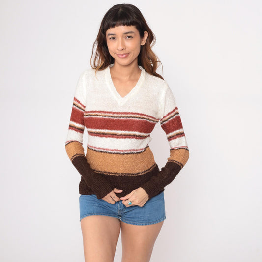 70s Striped V-Neck Pullover Sweater Cream Rust Brown Tan Small