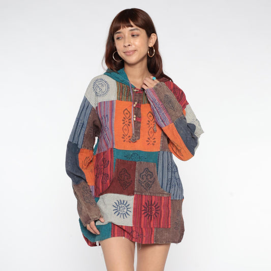 Y2K Patchwork Hoodie Block Print Cotton Button Front Medium Large