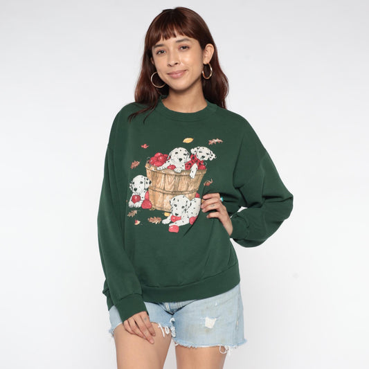90s Dalmatian Puppy Apple Basket Sweatshirt Forest Green Graphic Large L