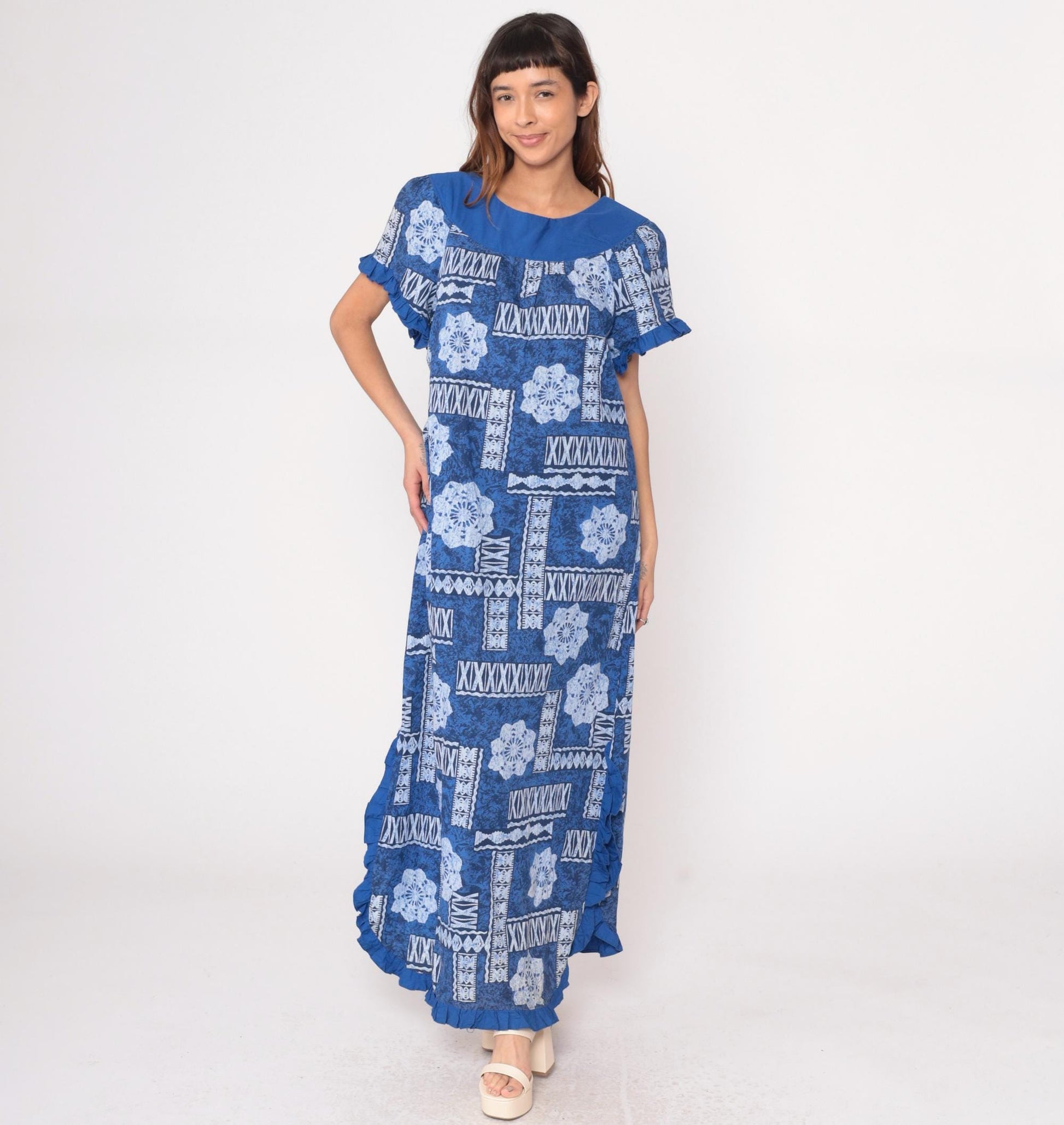 80s Blue White Geometric Tribal Maxi Dress Flutter Sleeve Scoop Neck Medium