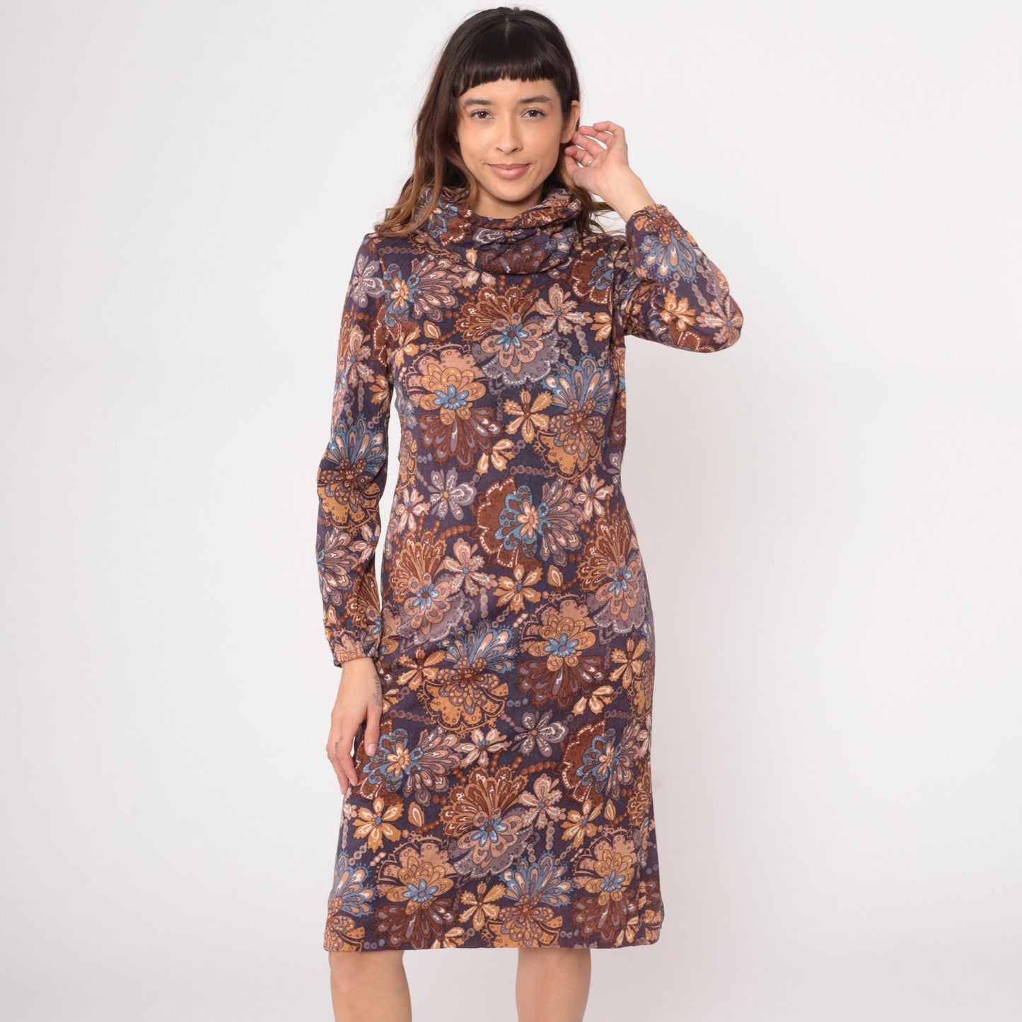 70s Brown Navy Paisley Floral Turtleneck Dress Knee-Length Small