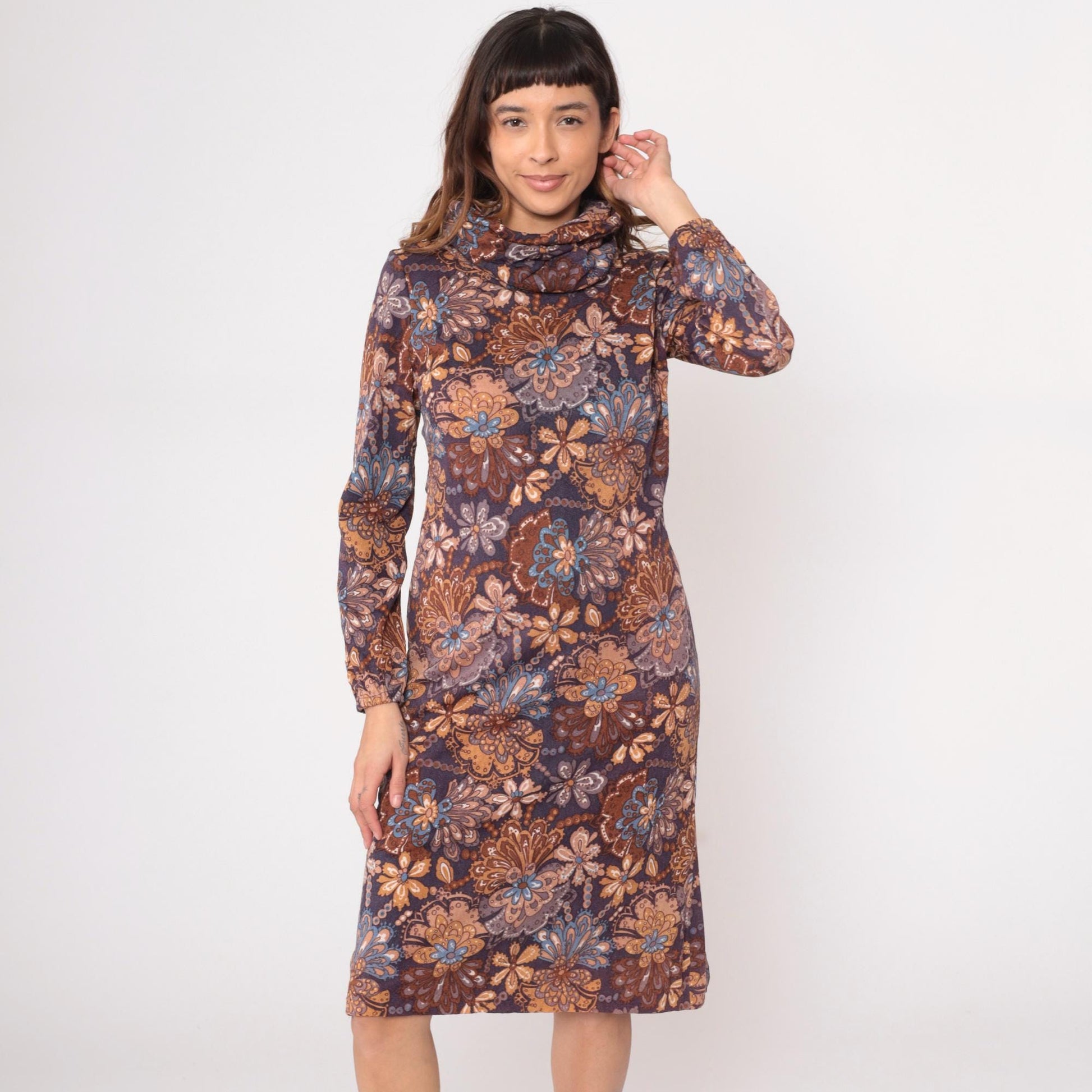 70s Brown Navy Paisley Floral Turtleneck Dress Knee-Length Small