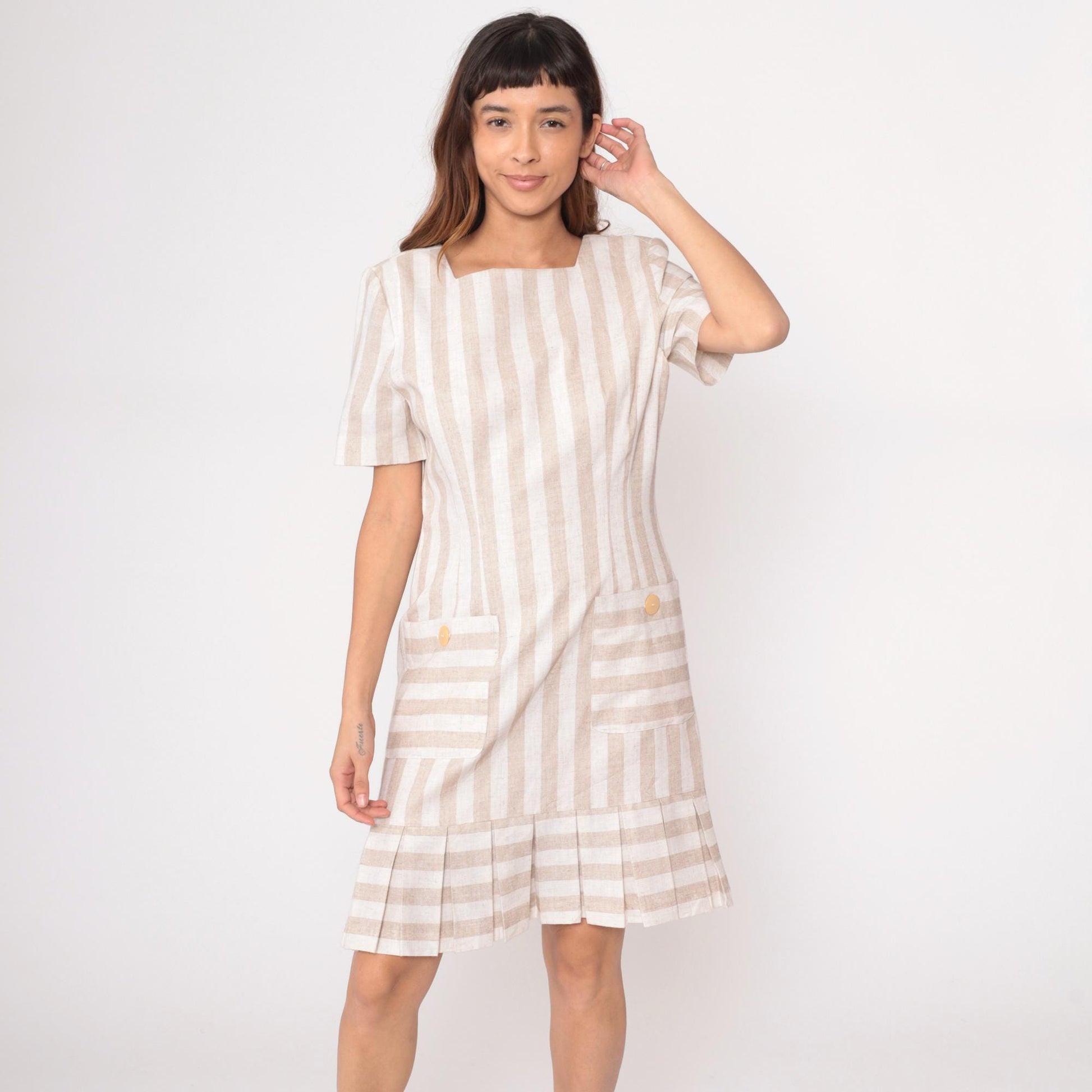 80s Jessica Howard Striped Dress Square Neckline Pleated Knee-Length Beige Medium