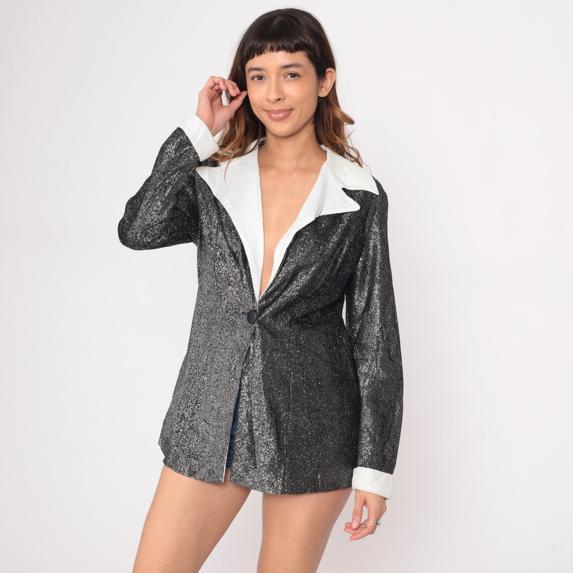 70s Fingerhut Fashions Metallic Blazer Silver White Collar Tuxedo Medium M