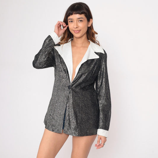 70s Fingerhut Fashions Metallic Blazer Silver White Collar Tuxedo Medium M