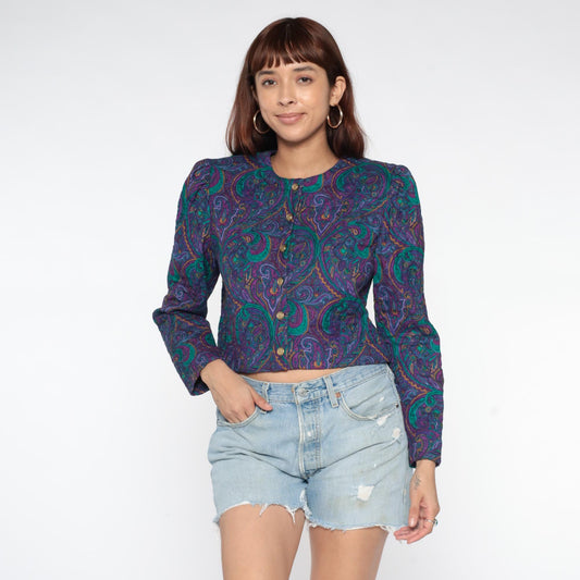 90s Jeffrey & Dare Purple Paisley Quilted Cropped Jacket Medium