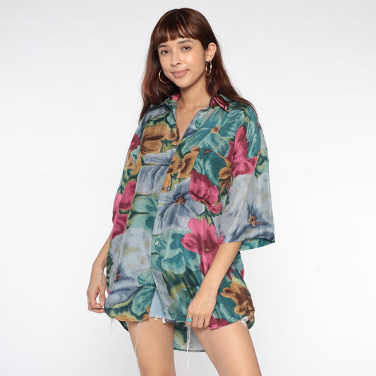 90s Silk Hawaiian Shirt Floral Print Teal Pink Blue Gold Extra Large XL